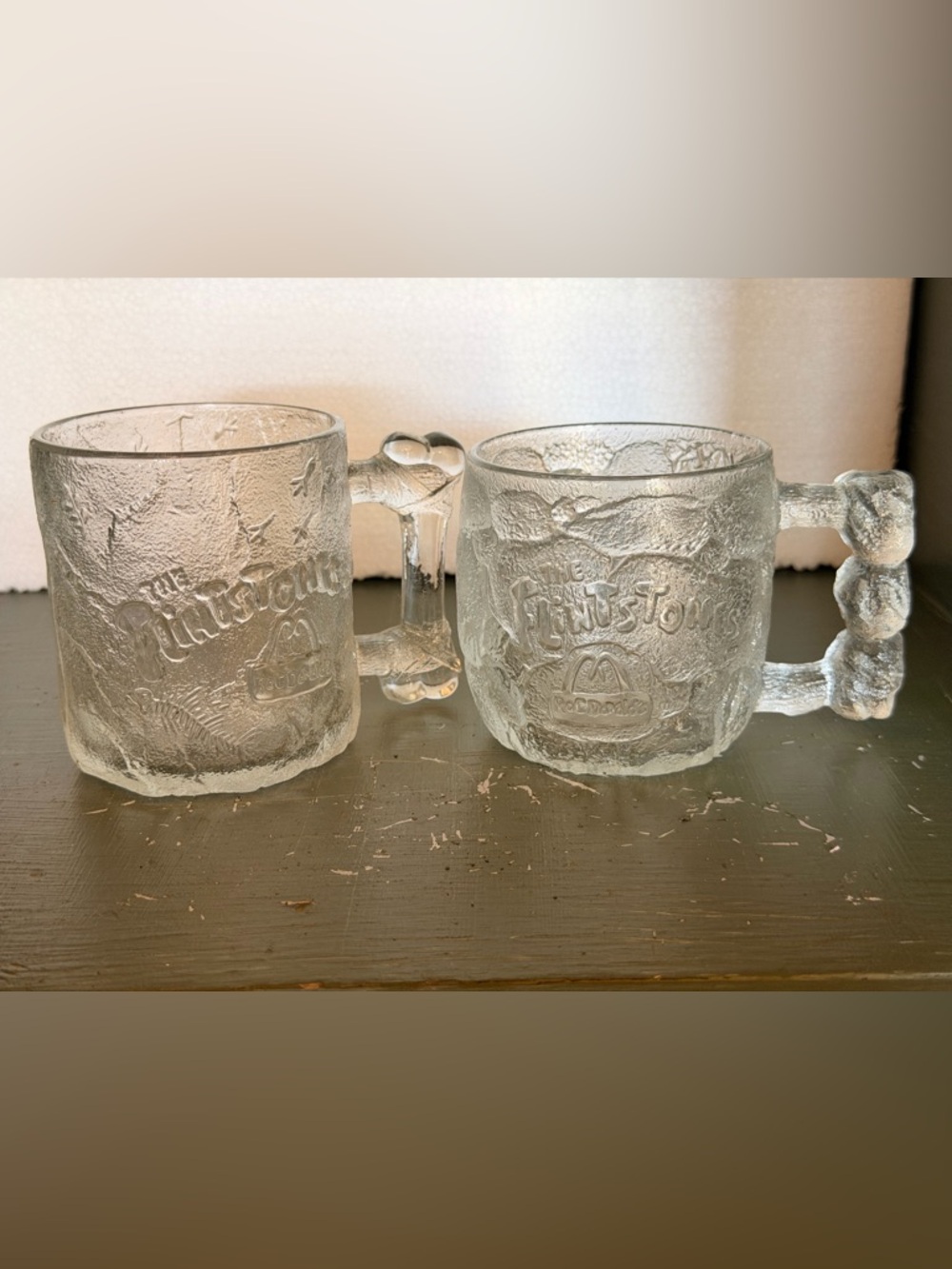 VTG McDONALD'S THE FLINTSTONES PRE-DAWN  TWO FROSTED GLASS MUG CUP USA